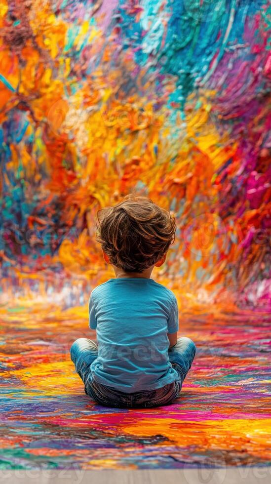 Child admiring vibrant abstract painting, exploring creativity and imagination photo