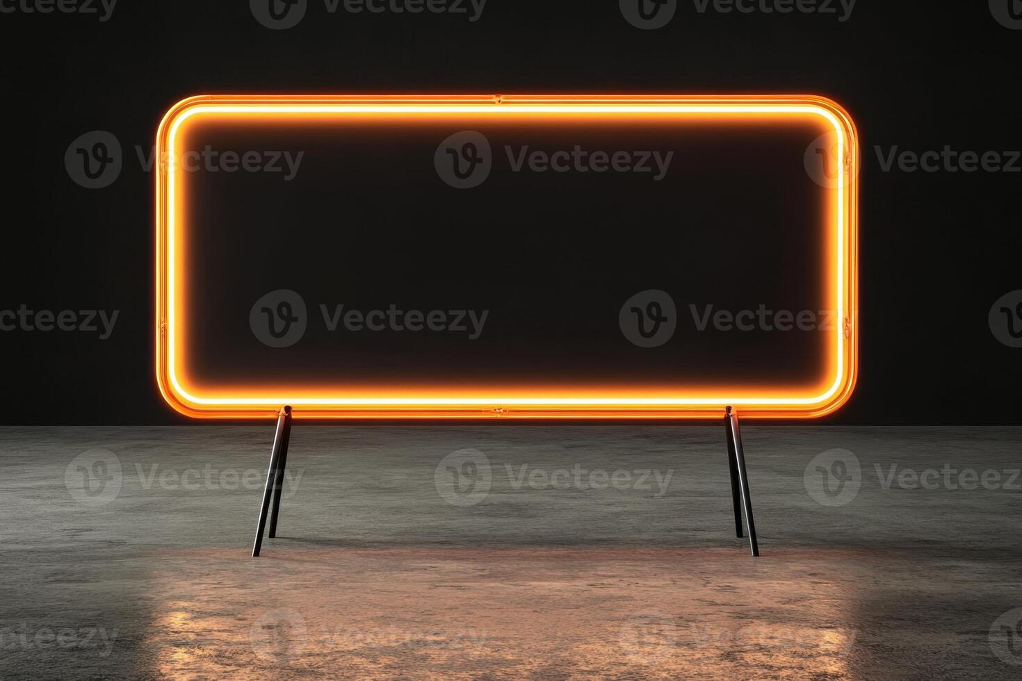 Rectangular black colored neon sign with orange light in dark room photo