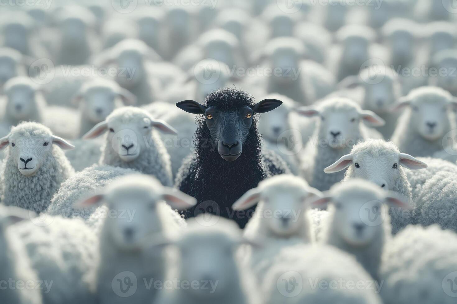 Black sheep standing out in a crowd of white sheep photo