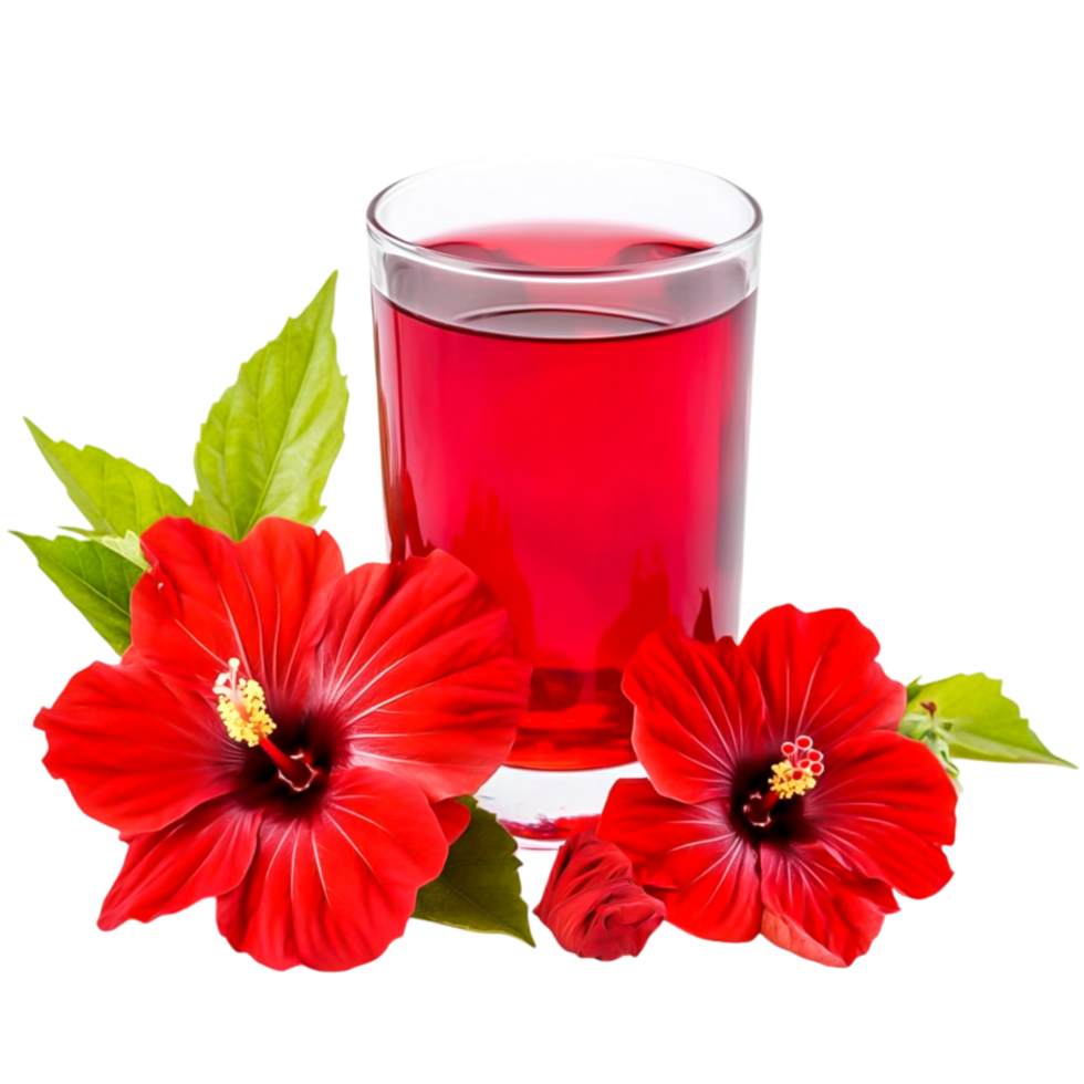 Refreshing Hibiscus Drink with Vibrant Red Flowers and Green Leaves in Glass png