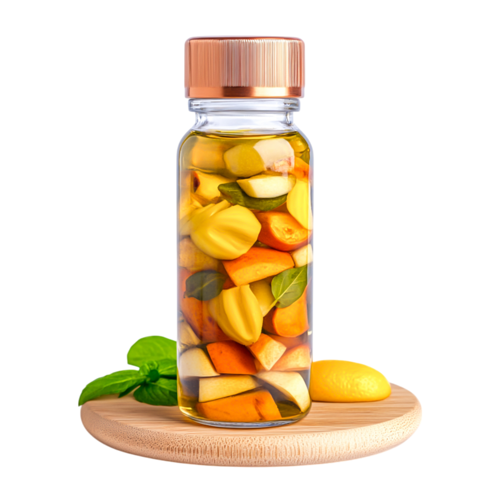 Fresh Fruit Infused Water Jar with Colorful Ingredients and Mint leaves on Wood Surface png