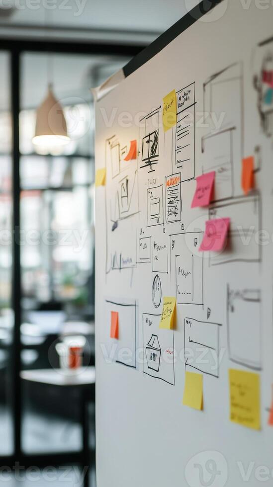Whiteboard with wireframes and sticky notes for planning and brainstorming photo