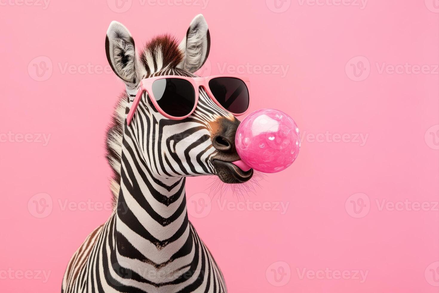 Zebra wearing sunglasses blowing pink bubble gum on pink background photo