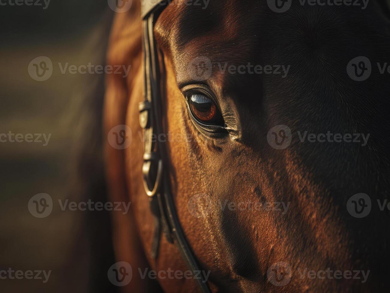 Chestnut horse wearing bridle looking towards setting sun photo