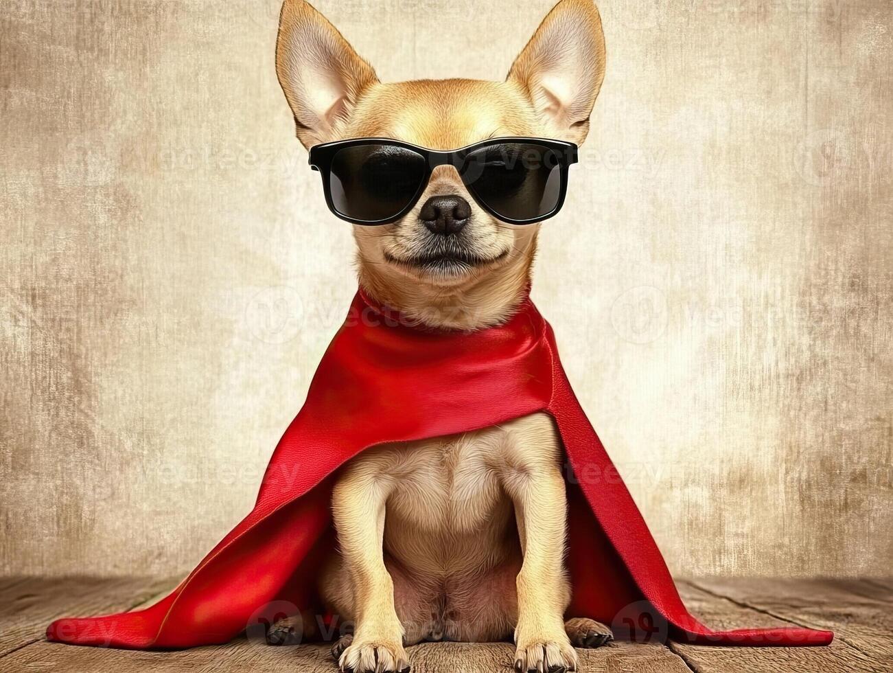 Chihuahua superhero wearing sunglasses and red cape sitting on wooden floor photo