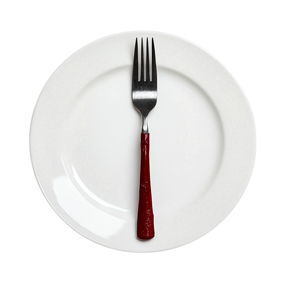 Silver Fork with Red Handle Resting on White Dinner Plate Centered Image png