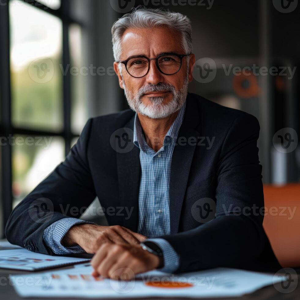 Senior businessman analyzing charts and graphs in modern office photo