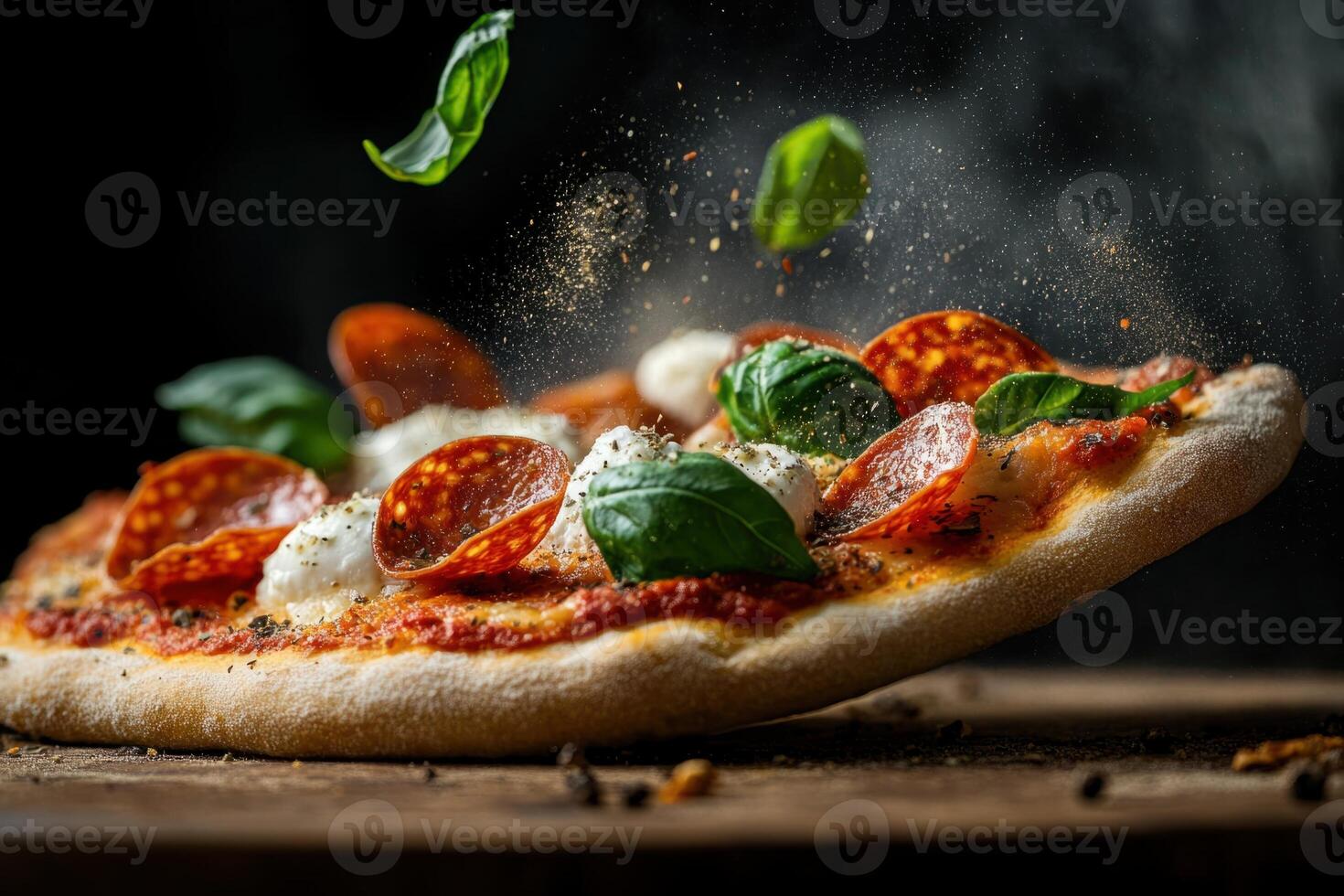 Delicious pepperoni pizza with mozzarella and basil floating in the air photo