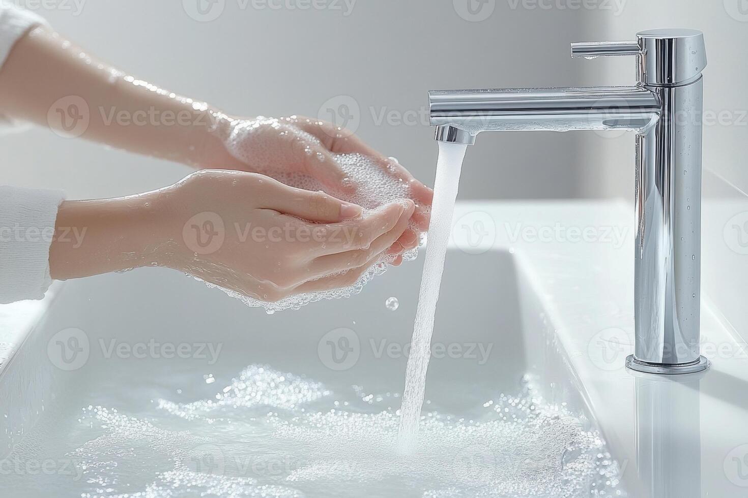 Woman washing hands with soap and water in bathroom sink photo