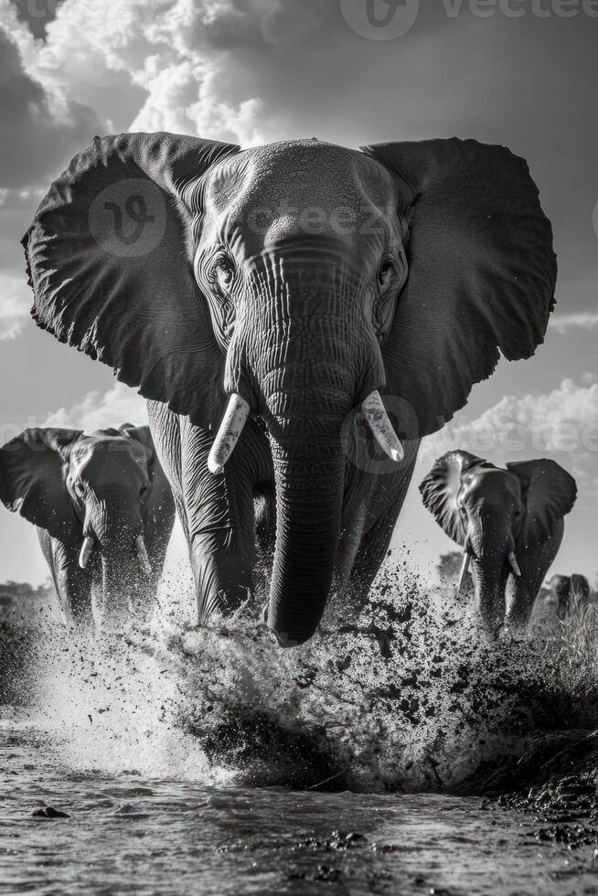 Elephant herd running through water in black and white photo