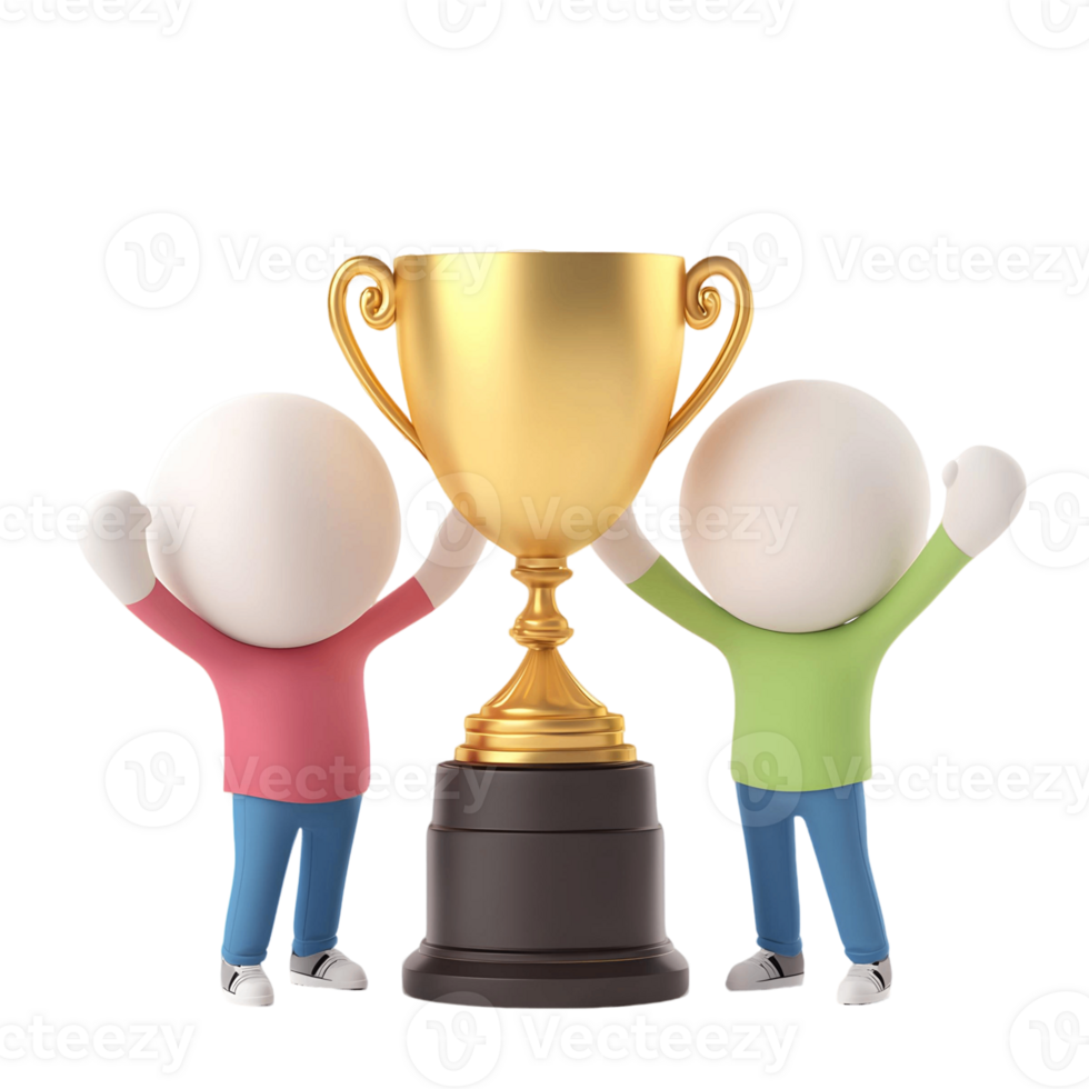3D award ceremony depiction featuring a large golden cup lifted by two figures png