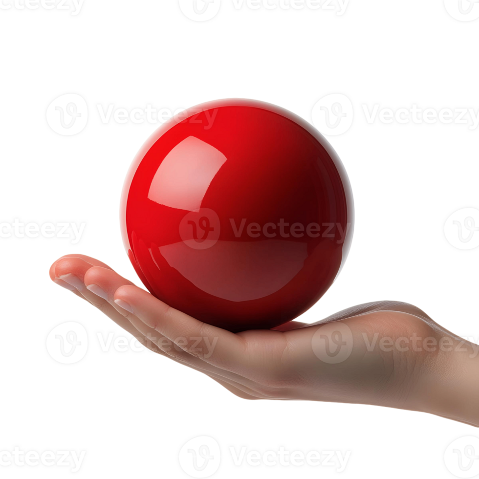 Realistic rendering of a palm holding a glossy red ball with soft shadows png