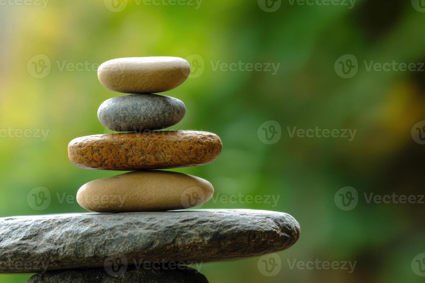 Stack of balancing pebbles creating harmony and tranquility in nature photo