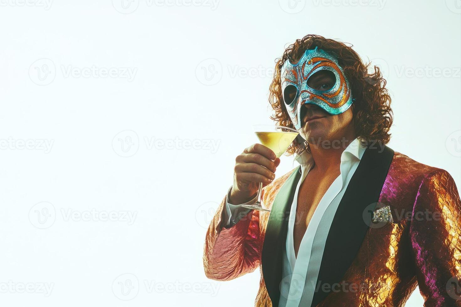 Luchador wearing elegant clothes drinking martini cocktail photo