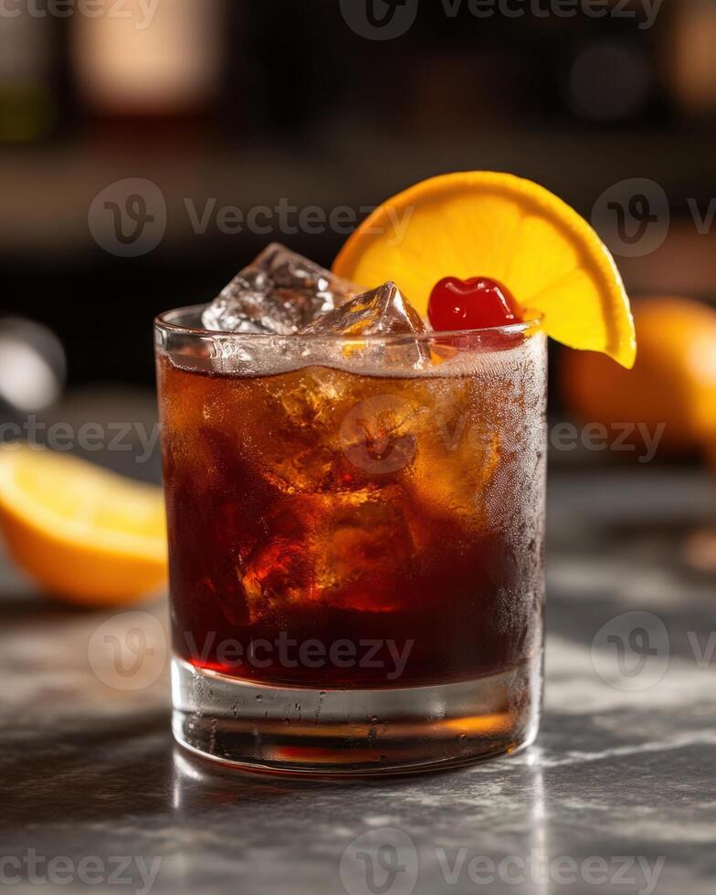 Refreshing tasmanian devil cocktail garnished with orange and cherry in a bar setting photo
