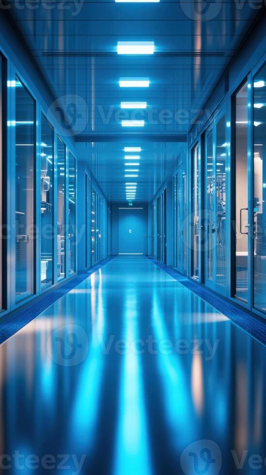 Empty futuristic corridor reflecting lights in modern laboratory photo