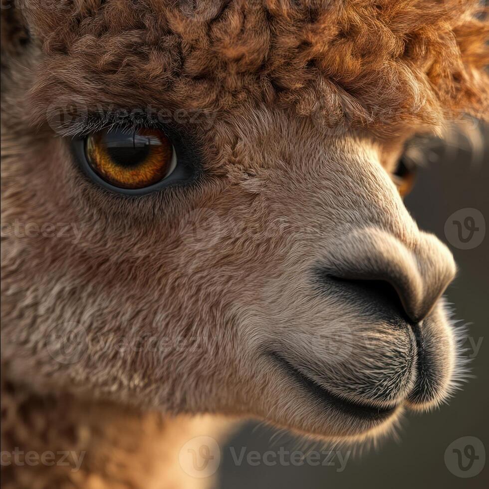 Brown alpaca showing its beautiful orange eye in a close up portrait photo