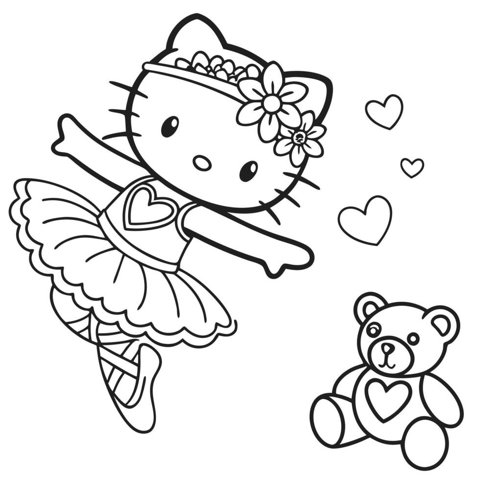 A delightful black and white line drawing featuring Hello Kitty vector