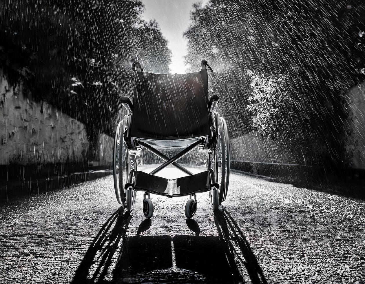 a wheelchair with rain falling all over concept for disability photo