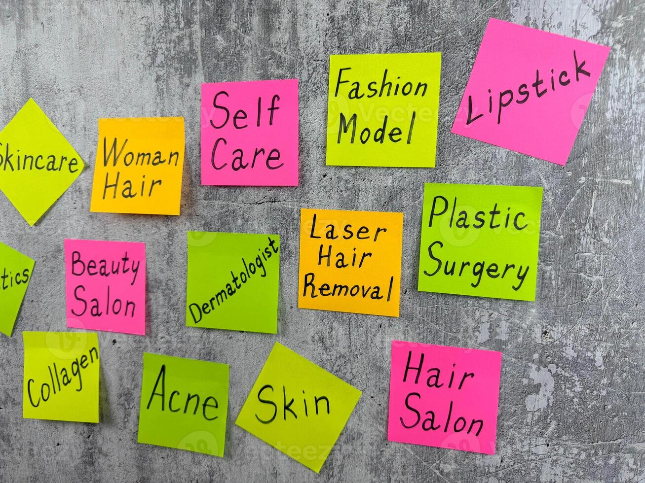 Beauty reminders about complexity of fashion industry. Routine for caring for your body for the best appearance. Maintaining health and attractiveness. Stickers with words about the fashion photo