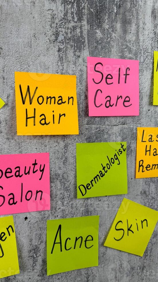 Vertical photo with list of words associated with the fashion industry. Beauty requires sacrifice. Complex matters of body care and skin health for an attractive appearance of person