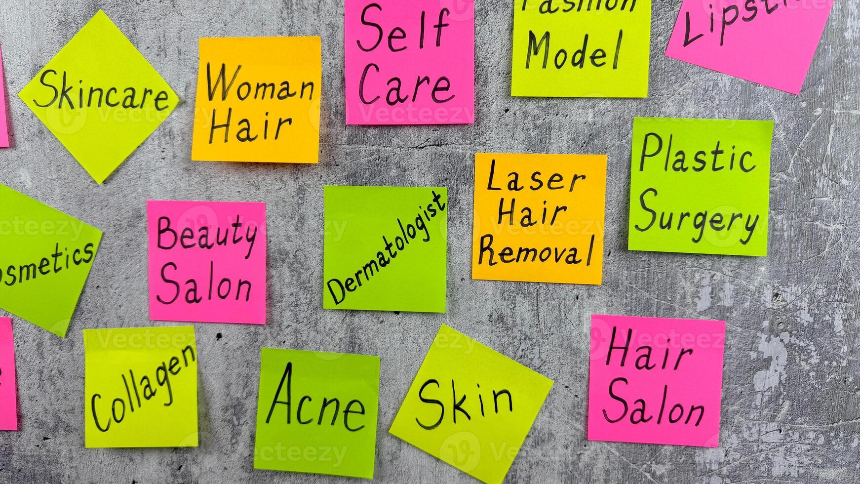 Large list of words on color stickers on the topic of beauty and fashion industry. Importance of caring for your body and skin. Women procedures for maintaining their beauty photo