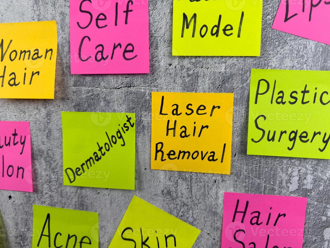 Routine to do list for person in the fashion industry. Maintaining healthy skin and taking care of your attractive appearance. Beauty requires sacrifice. Sticker note concept photo