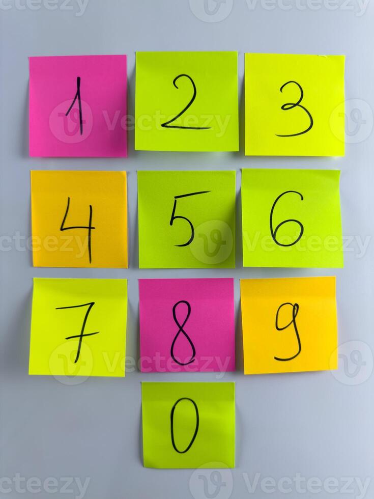 Numbers from zero to nine are written on colorful cards photo
