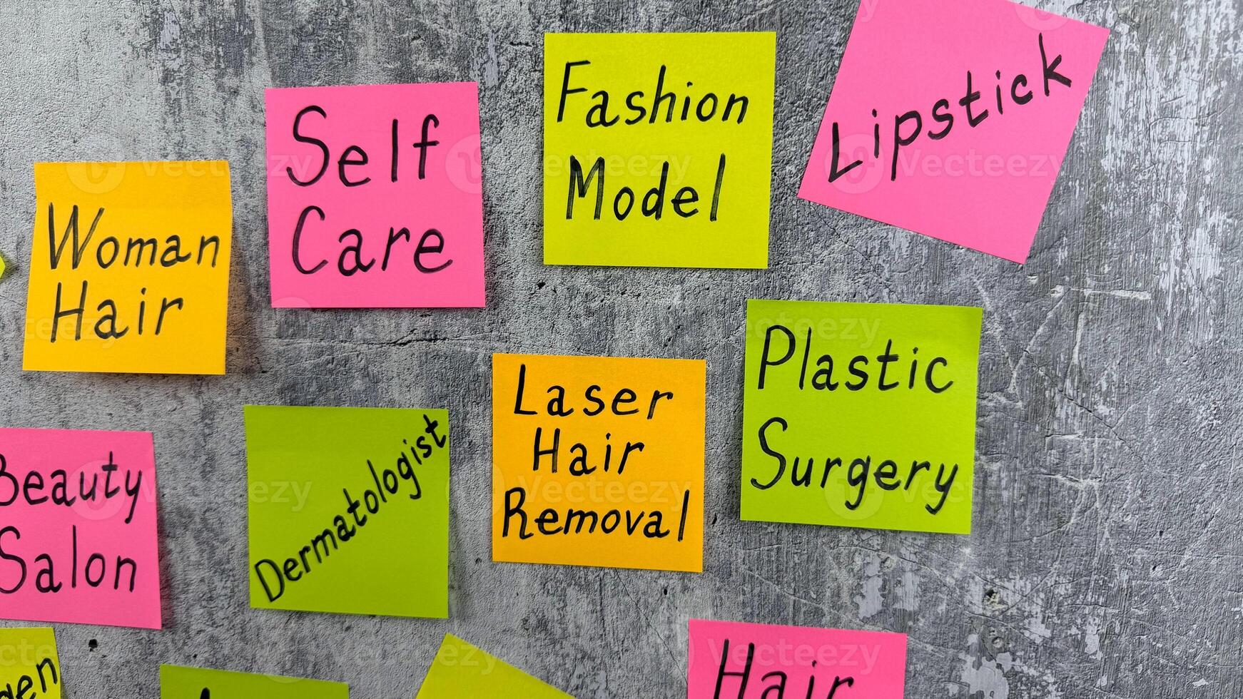 Components of fashion industry are written on colored stickers on the wall. Photo highlights the complexity of body care and skin care. The importance of maintaining a healthy body for beauty