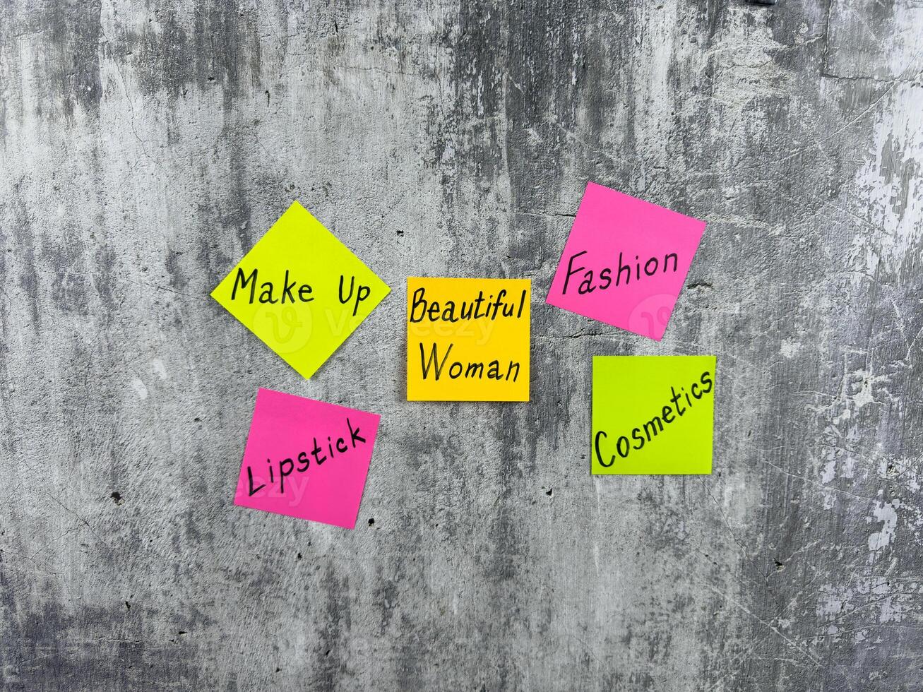Bright stickers for notes with words about cosmetics and makeup. Girl routine in simple conceptual photo about selfcare. Fashionable beauty sphere for attractive girl