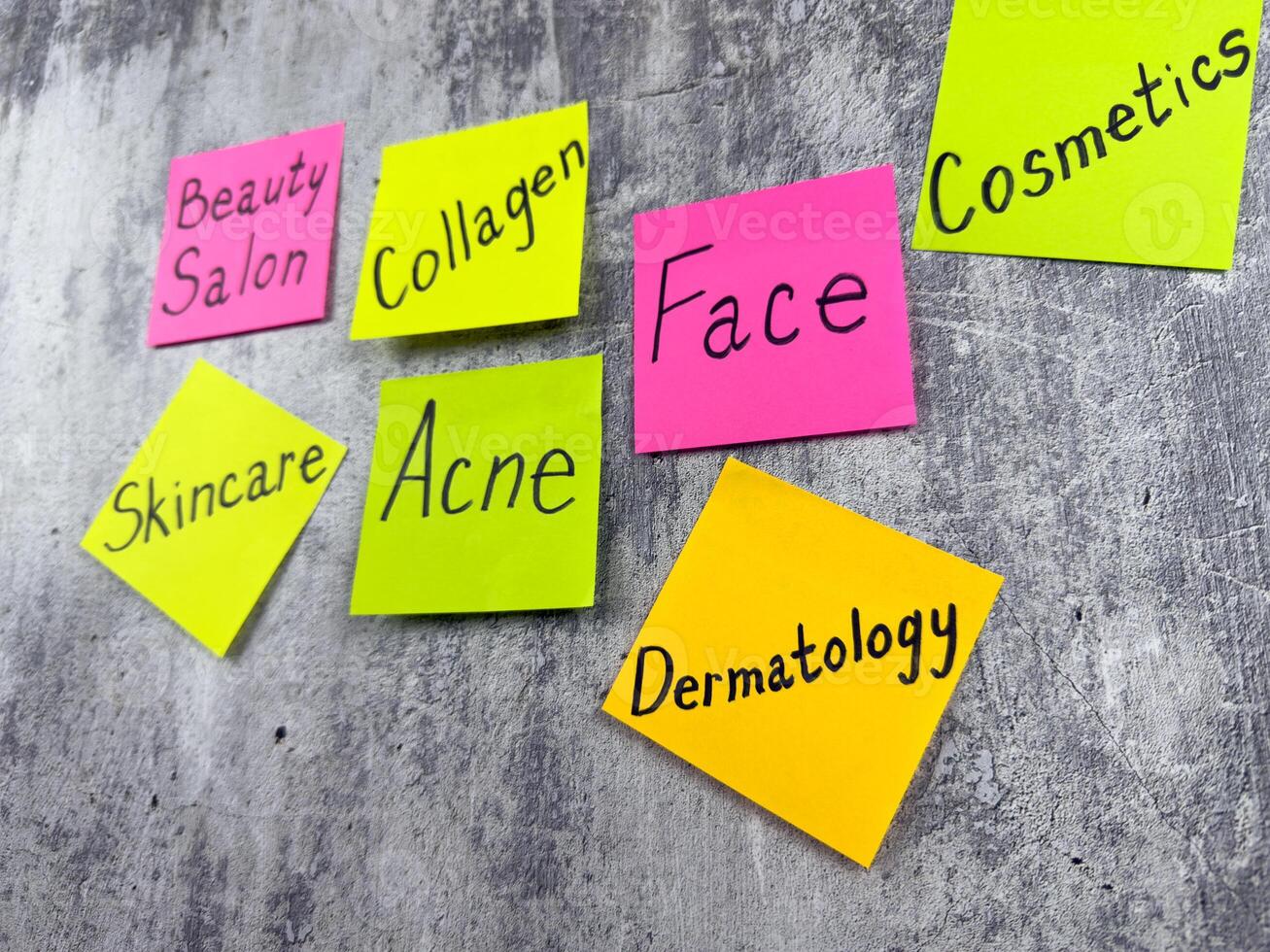 Nice simple concept about dermatology. Important words about skin care on sticky notes on white shabby background. Raising awareness about skin problems and importance of taking care of your body photo