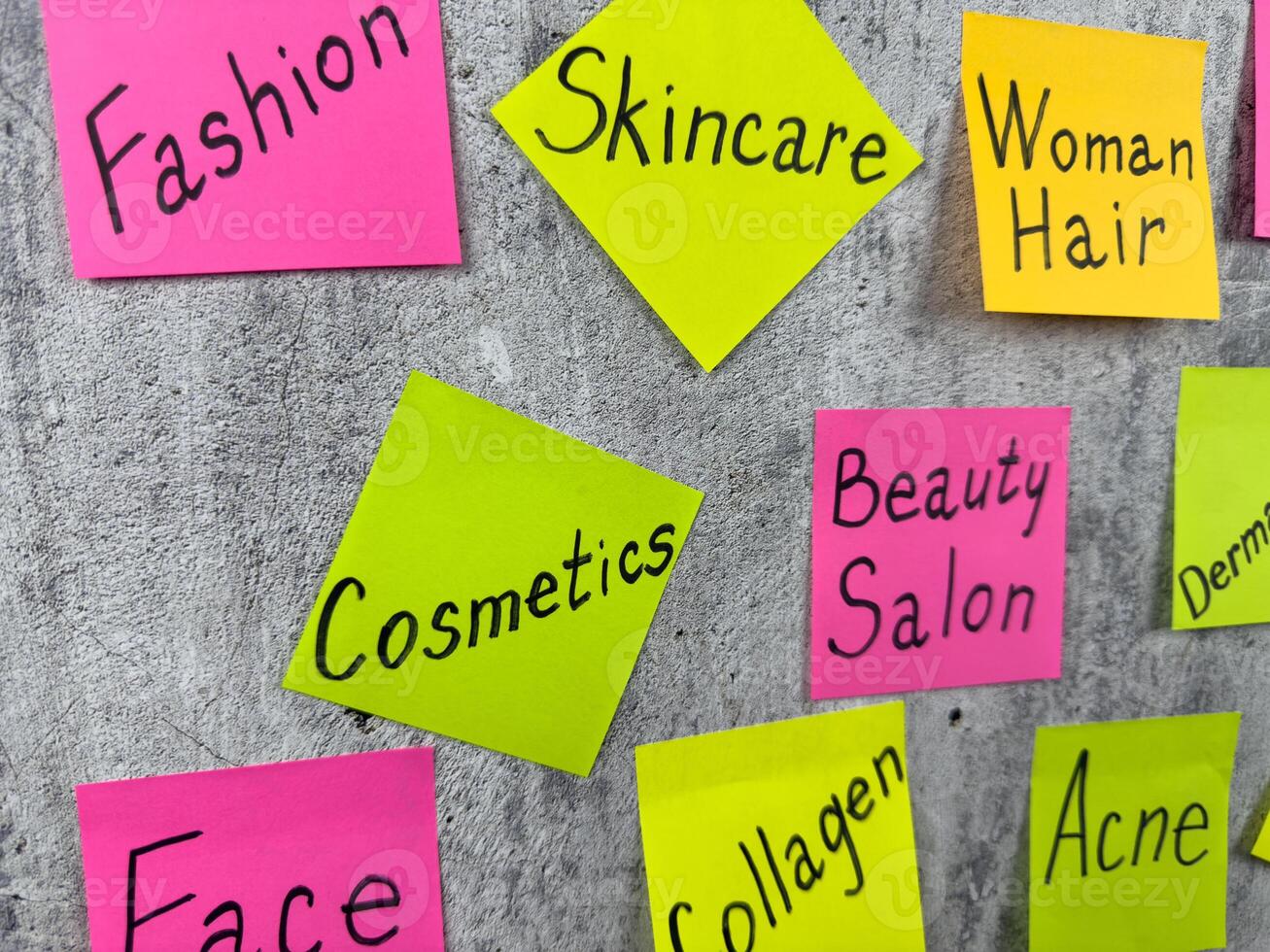 List of cosmetic procedures for body care. Stickers for notes with reminder to visit beauty salon for body and skin care. Concept of creating an attractive image with help of cosmetics and makeup photo