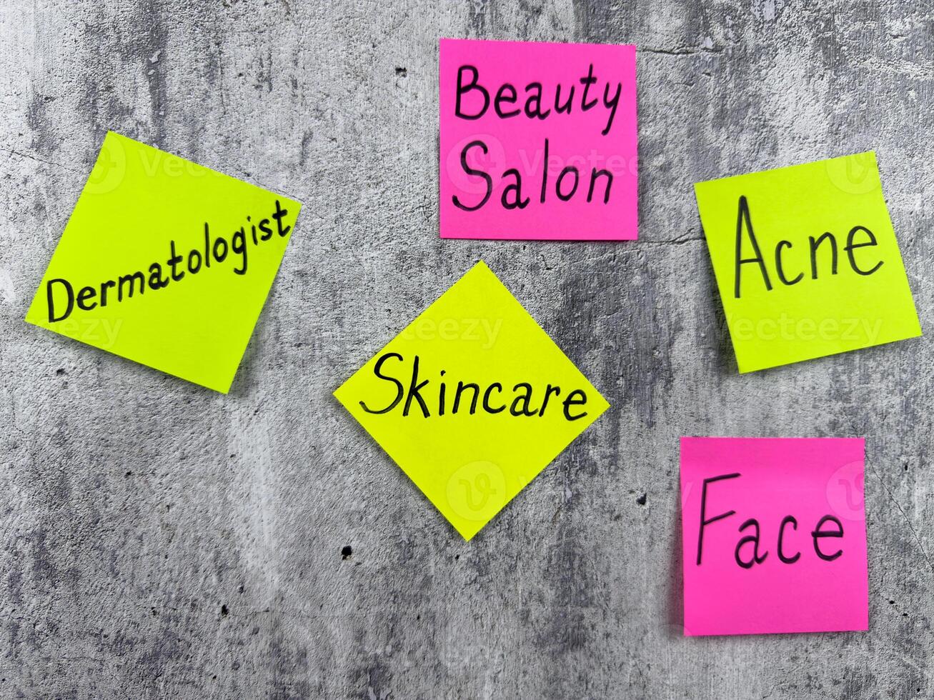 Sticky notes with handwritten words about the importance of taking care of your body. Photo conveys reminder of the of skin care. In the mood for visit to the dermatologist