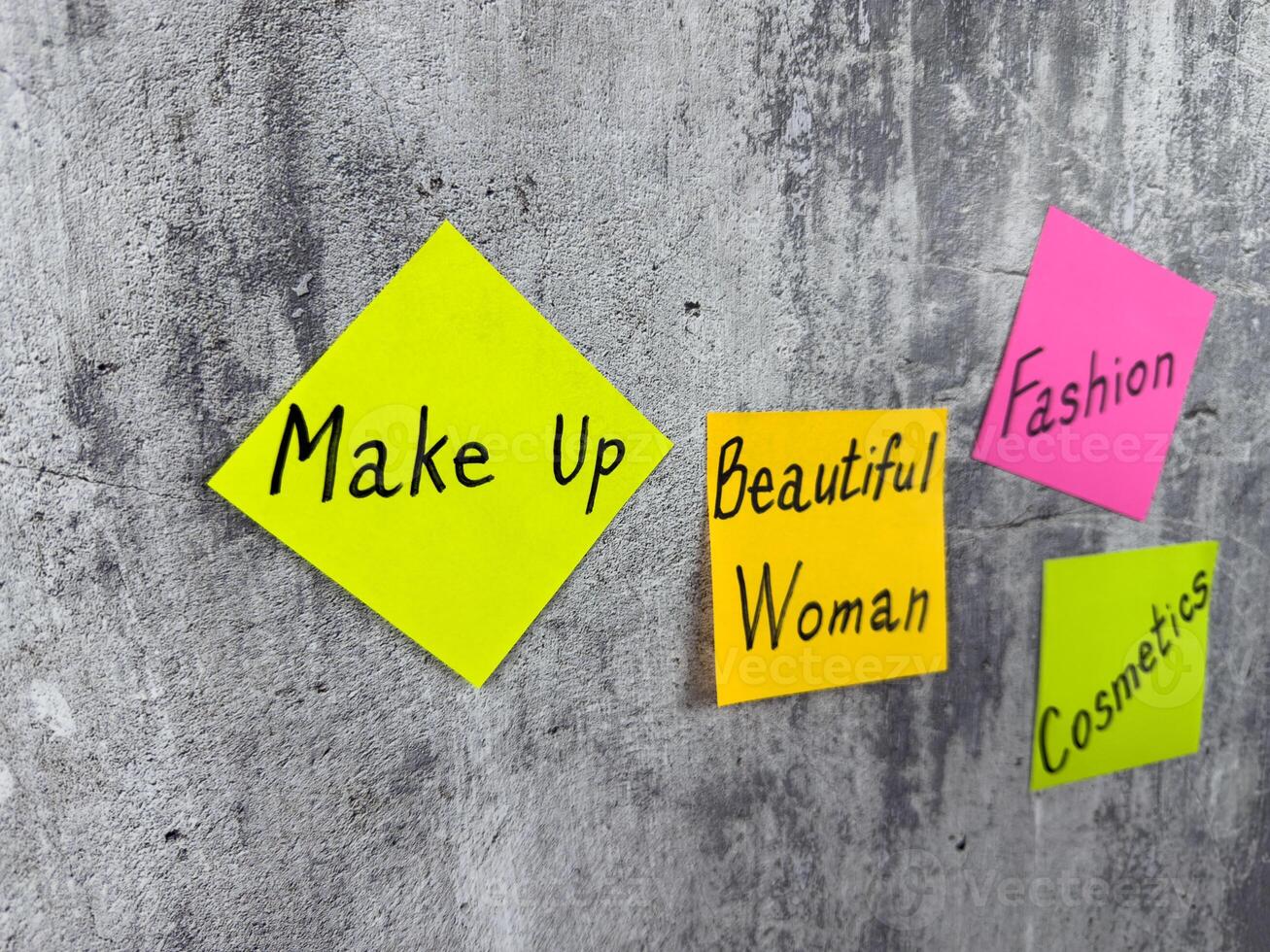 Sticker with the word make up. Simple design of complex concept about cosmetics and fashion industry. Human attractiveness and cosmetics for better appearance photo
