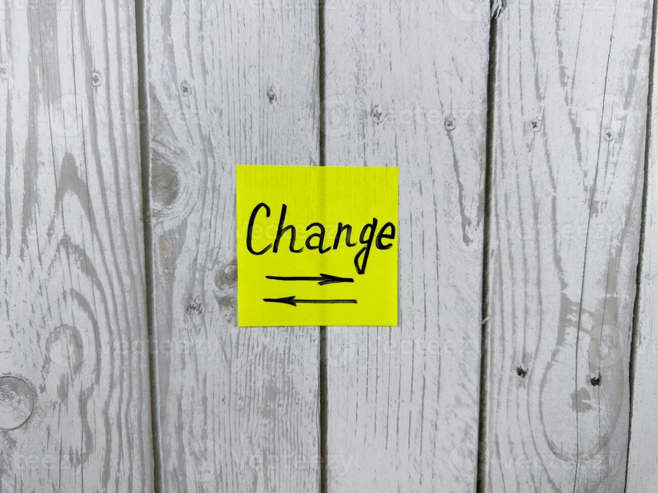 Bright yellow sticky note with the word Change written on it pinned on a rustic wooden board background. Symbolizes transformation and adaptation photo