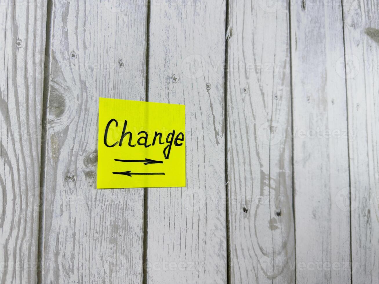 Bright yellow sticky note with the word Change written on it, placed on a rustic wooden background. Perfect for illustrating concepts of transformation, motivation, and new opportunities photo