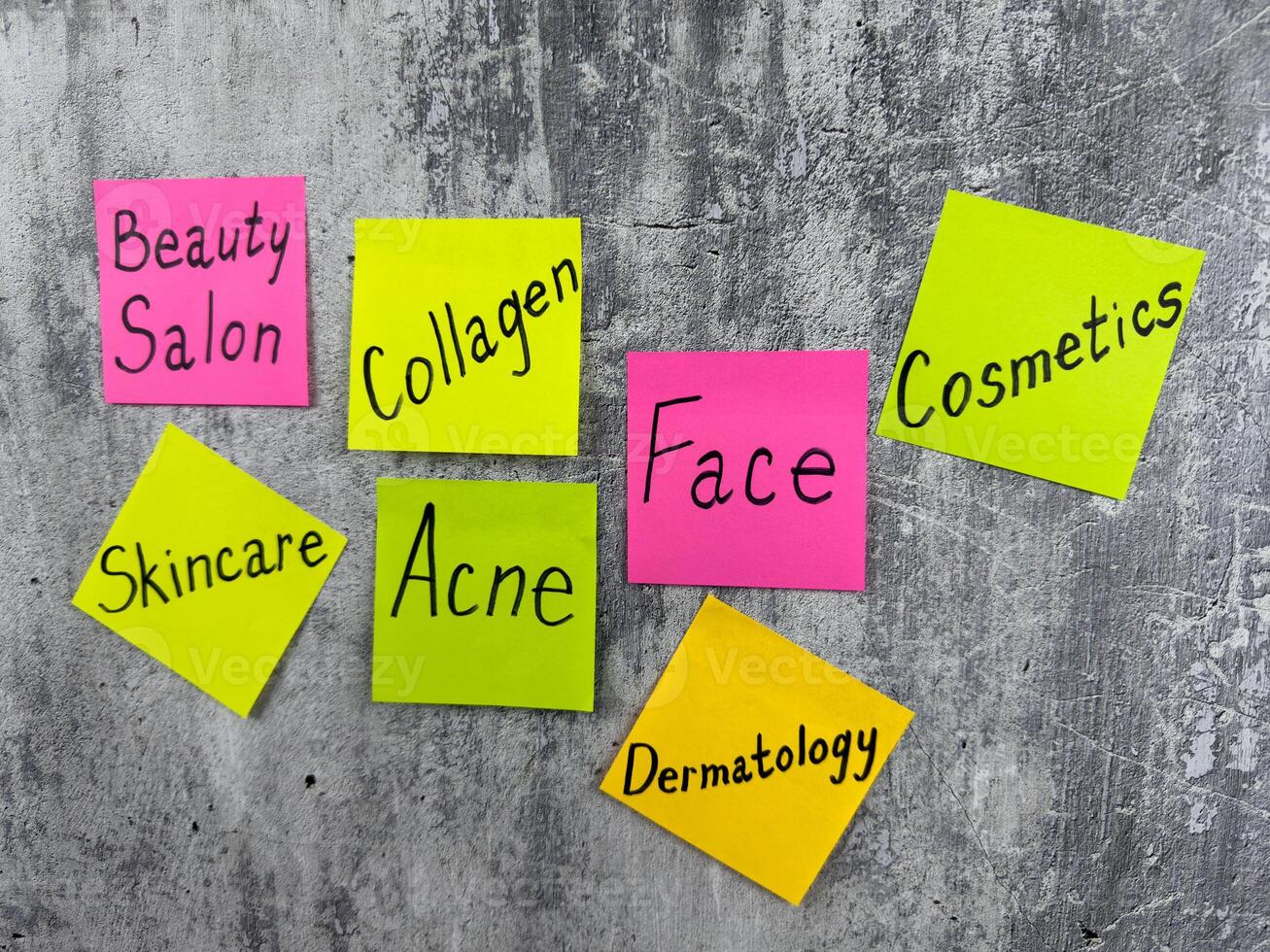 Cosmetic concept for fashion industry with simple design with stickers and words about dermatology components. Attractiveness of girl with skincare and cosmetics photo