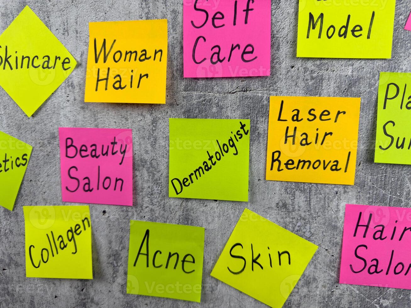 Wall stickers with words about women routine. The importance of taking care of your body and maintaining healthy skin. Conceptual photography about the difficulties in the fashion business photo