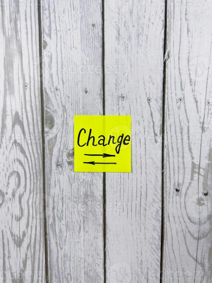 Bright yellow sticky note with the word Change written on it, pinned on a rustic wooden board background. The image represents transition, growth, and personal development photo