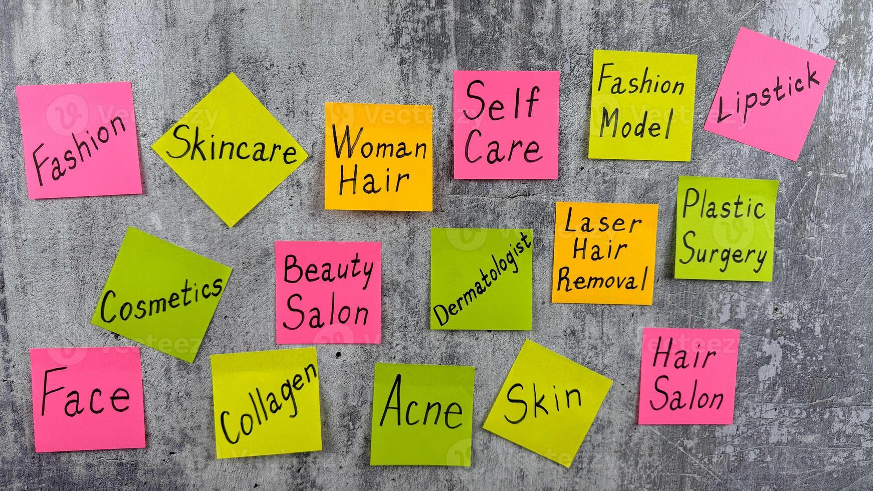 Complicated list of routine tasks for person in fashion industry. Beauty requires sacrifice. Concept with bright stickers with notes on importance of skin care and cosmetic procedures for beauty photo
