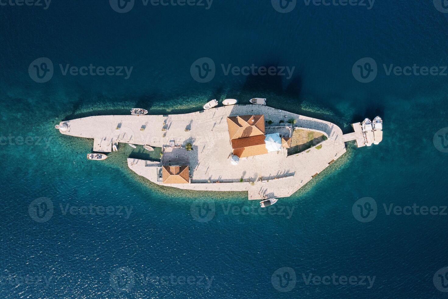 Church of Our Lady of the Rocks on the island of Gospa od Skrpjela. Montenegro. Top view photo