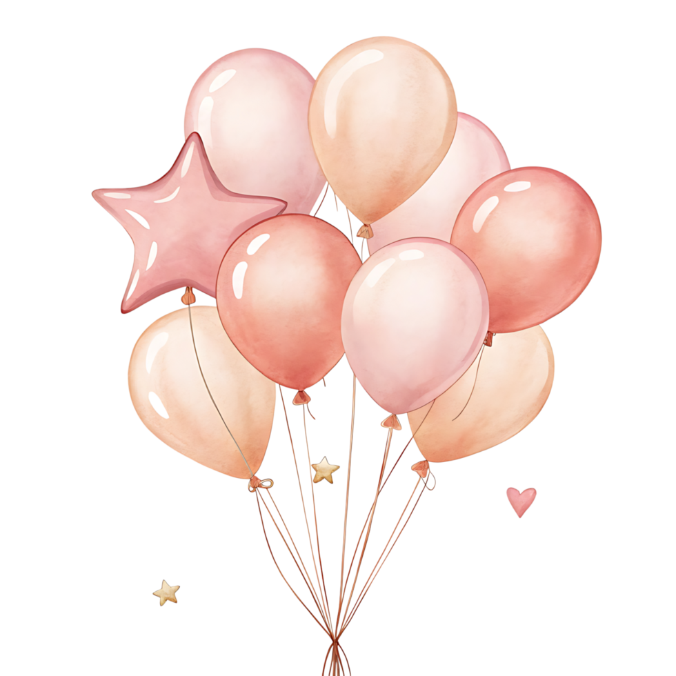 A delightful cluster of peach and pink balloons with gold stars and a small heart png