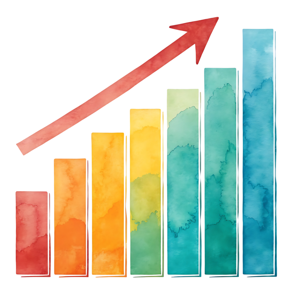 A colorful bar chart with an upward arrow png