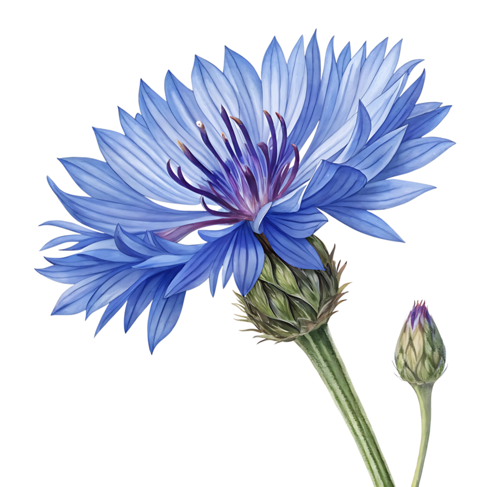 Stunning Watercolor Painting of a Blue Cornflower with Bud png