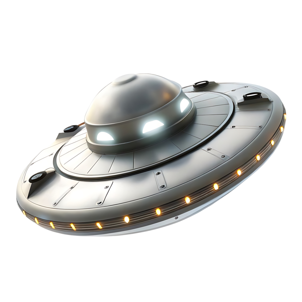 Futuristic Silver UFO Spaceship with Luminous Lights on transparent Background 3D Render png