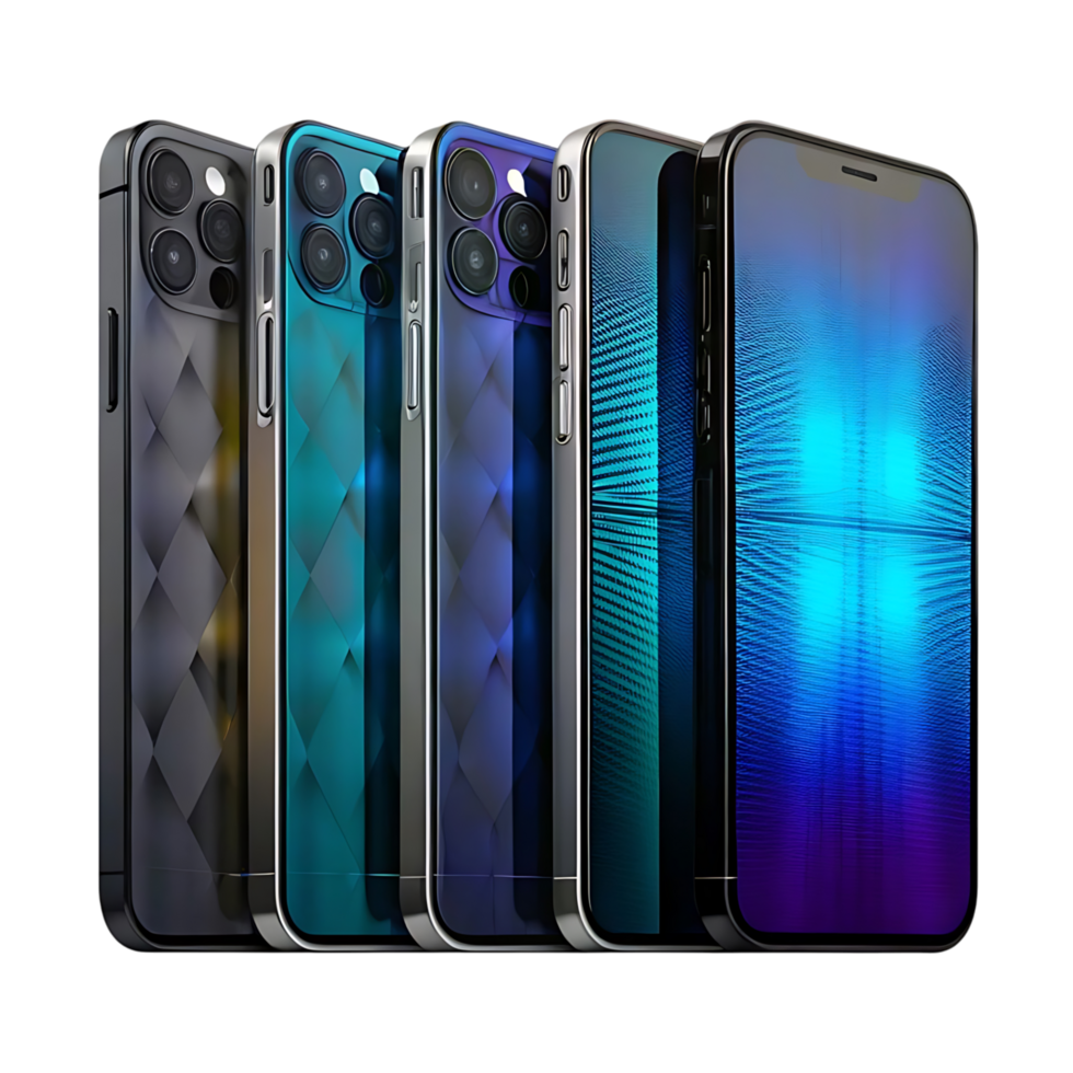 Five Sleek Smartphones in Various Colors Displayed Against a transparent Background png