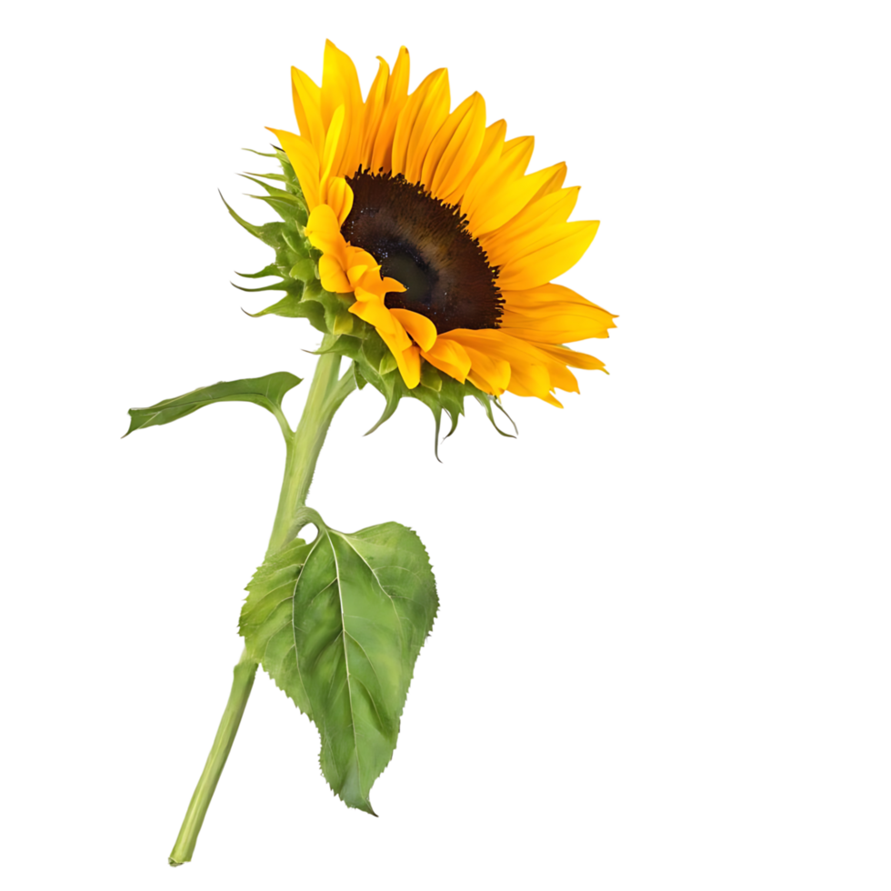 Single Sunflower with Green Leaf Isolated on transparent Background Botanical Photography png