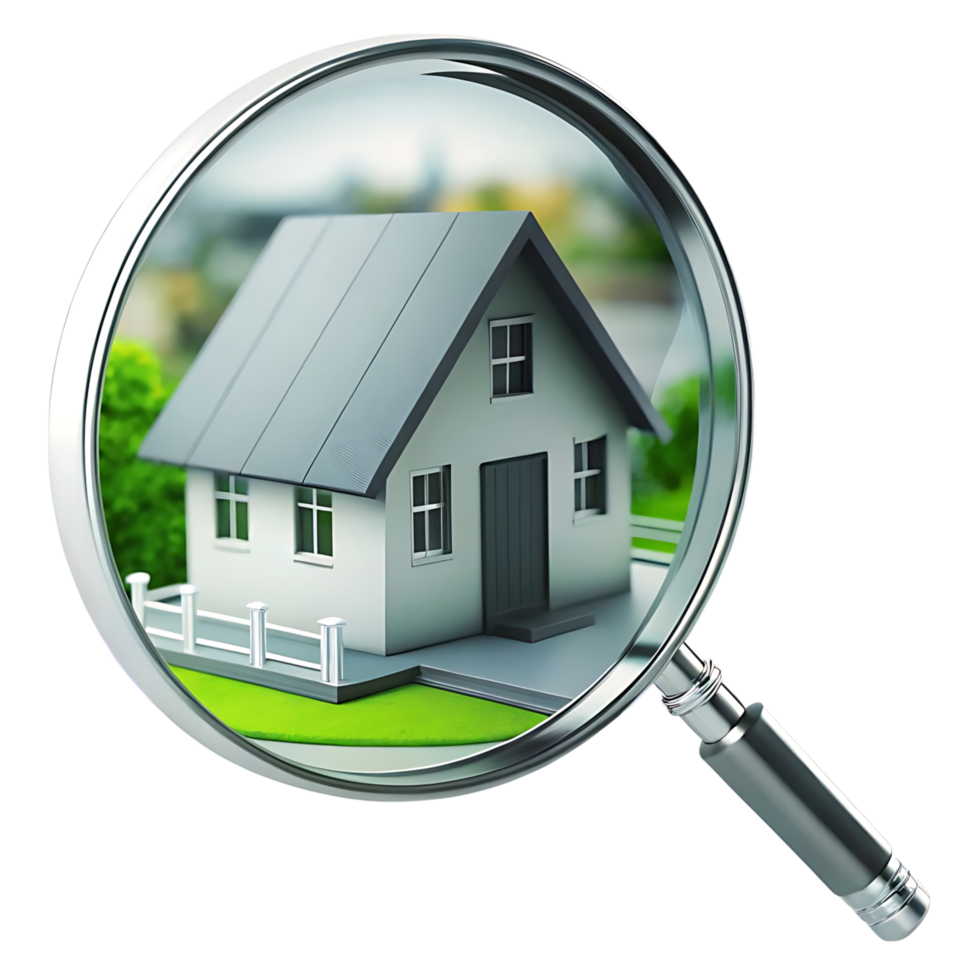 Magnifying Glass Enlarging a Suburban House Model for Real Estate Inspection and Property Search png