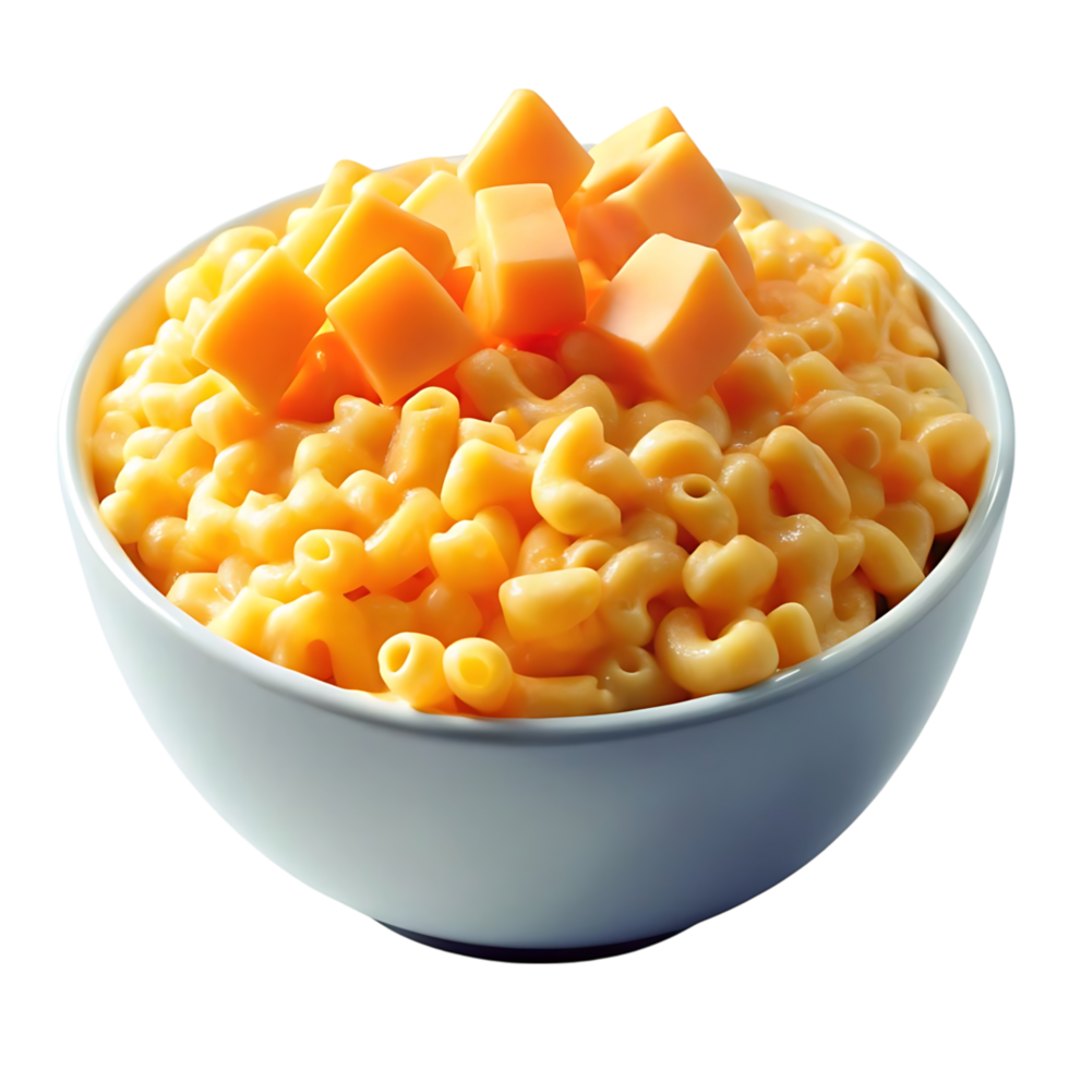 Delicious Creamy Macaroni and Cheese with Extra Cheddar Cheese Cubes in a White Bowl png