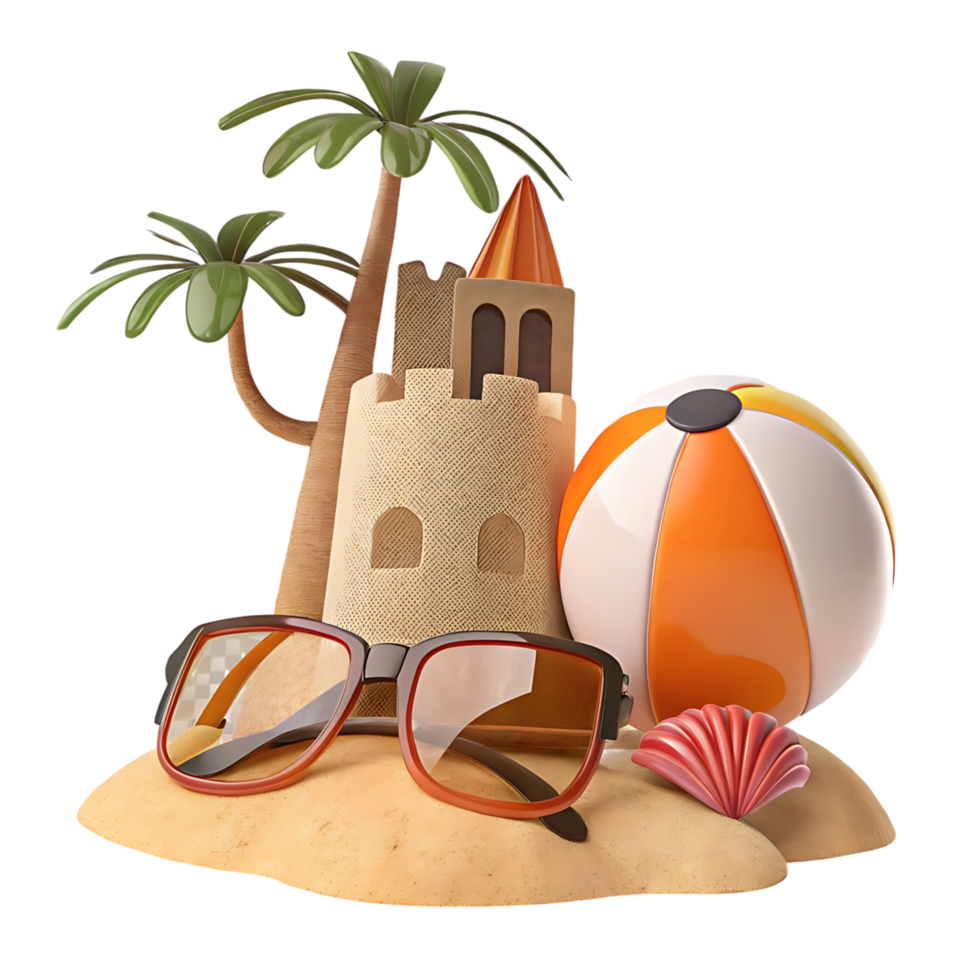 Summer Vacation Scene with Sandcastle Beach Ball Sunglasses and Palm Trees png